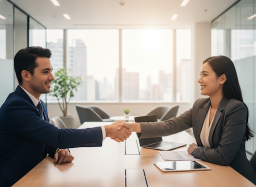Professional close-up of two business people shaking hands in a bright, modern office setting